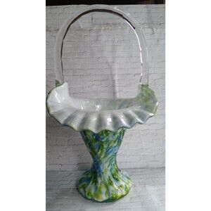 Vintage Fenton Adventurine Glass Basket: Blue, Green, & White Swirl